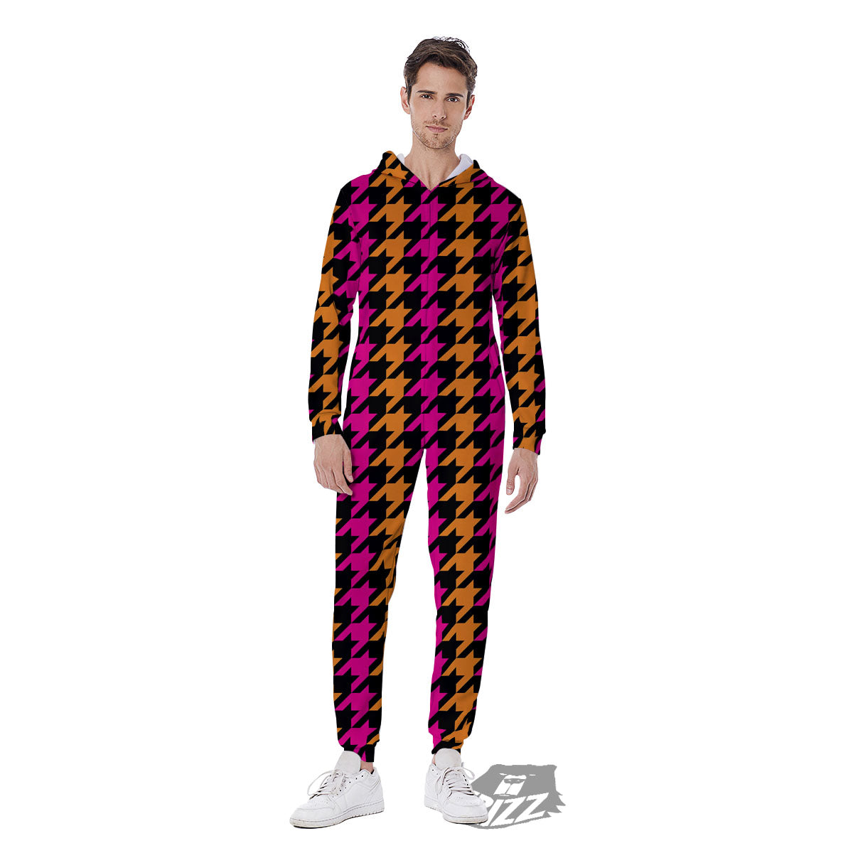Pink Orange And Black Houndstooth Print Men's Jumpsuit-grizzshop