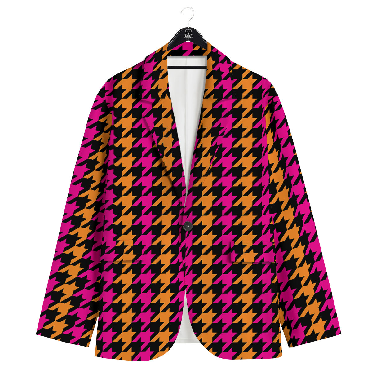 Pink Orange And Black Houndstooth Print Men's Sport Coat-grizzshop
