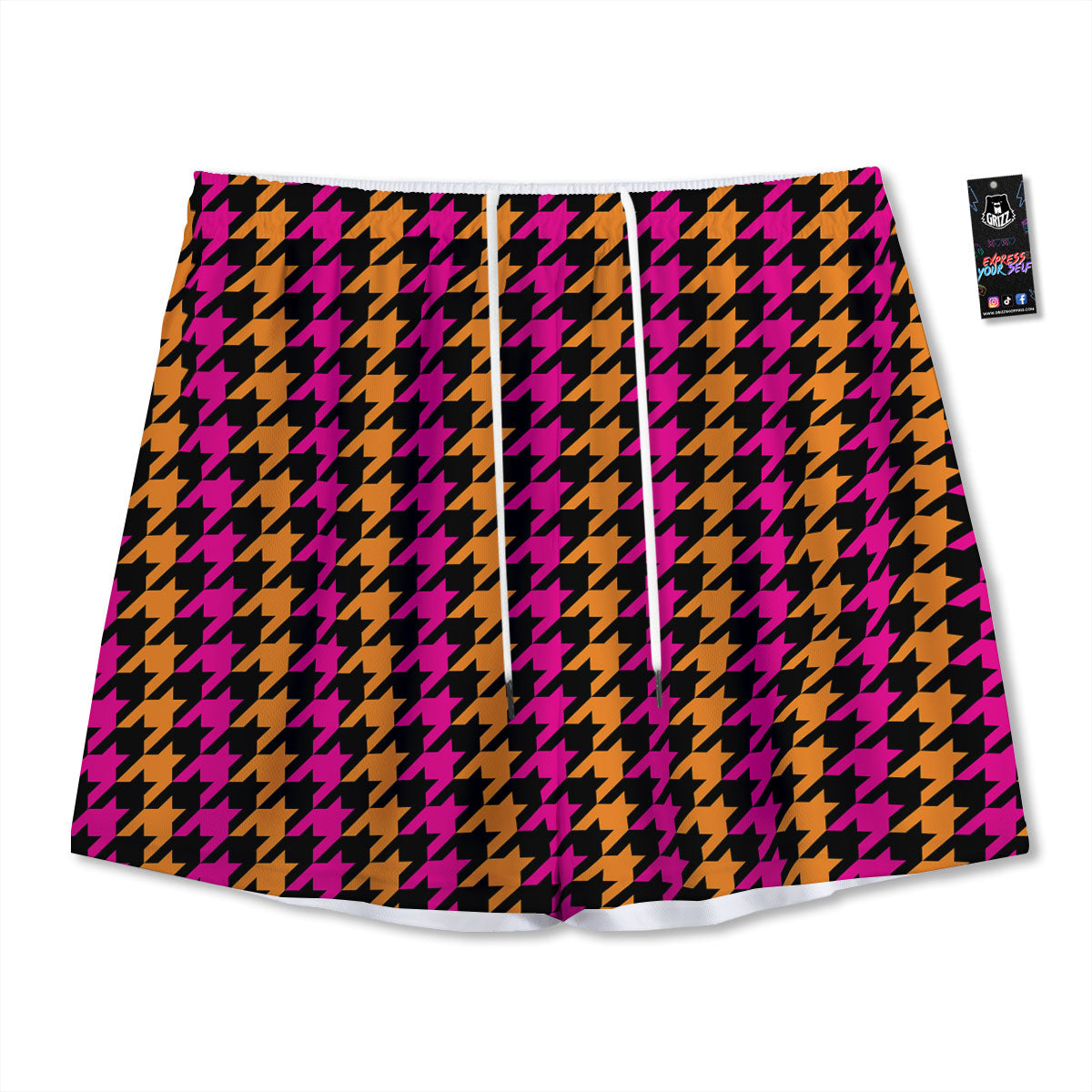 Pink Orange And Black Houndstooth Print Mesh Shorts