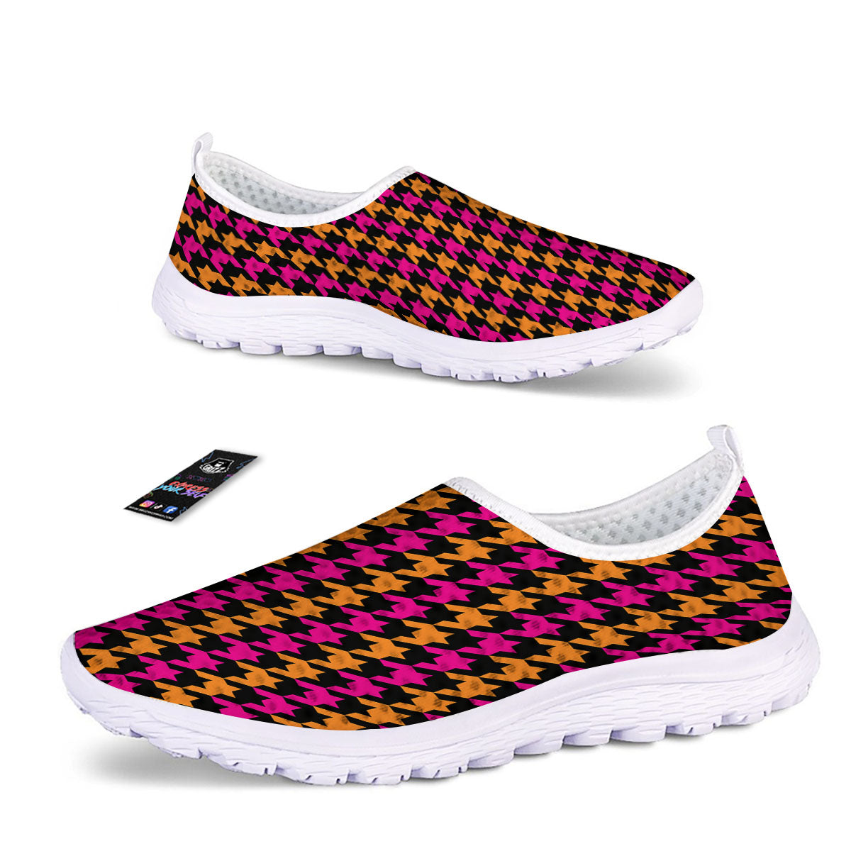 Pink Orange And Black Houndstooth Print Nurse Shoes-grizzshop
