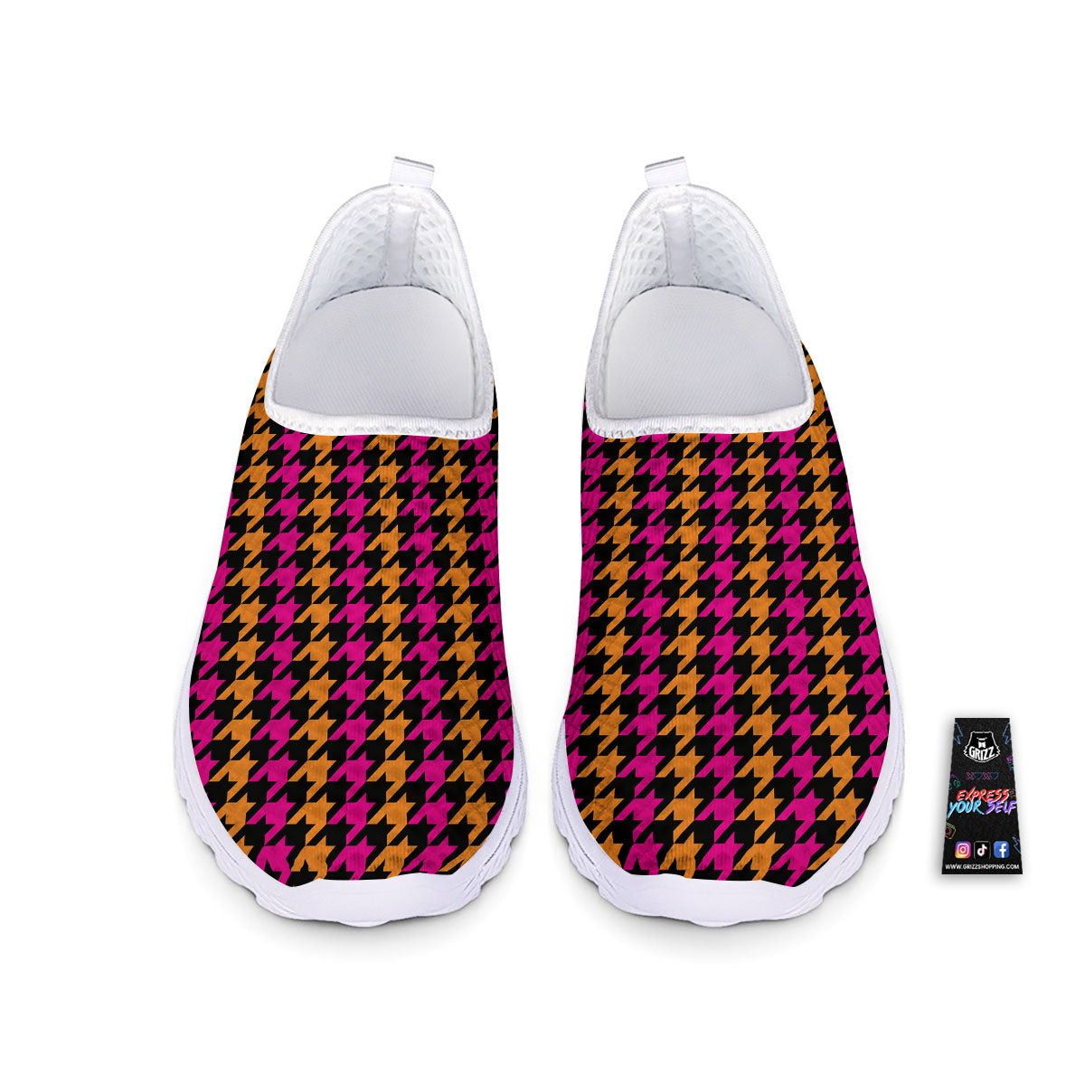 Pink Orange And Black Houndstooth Print Nurse Shoes-grizzshop