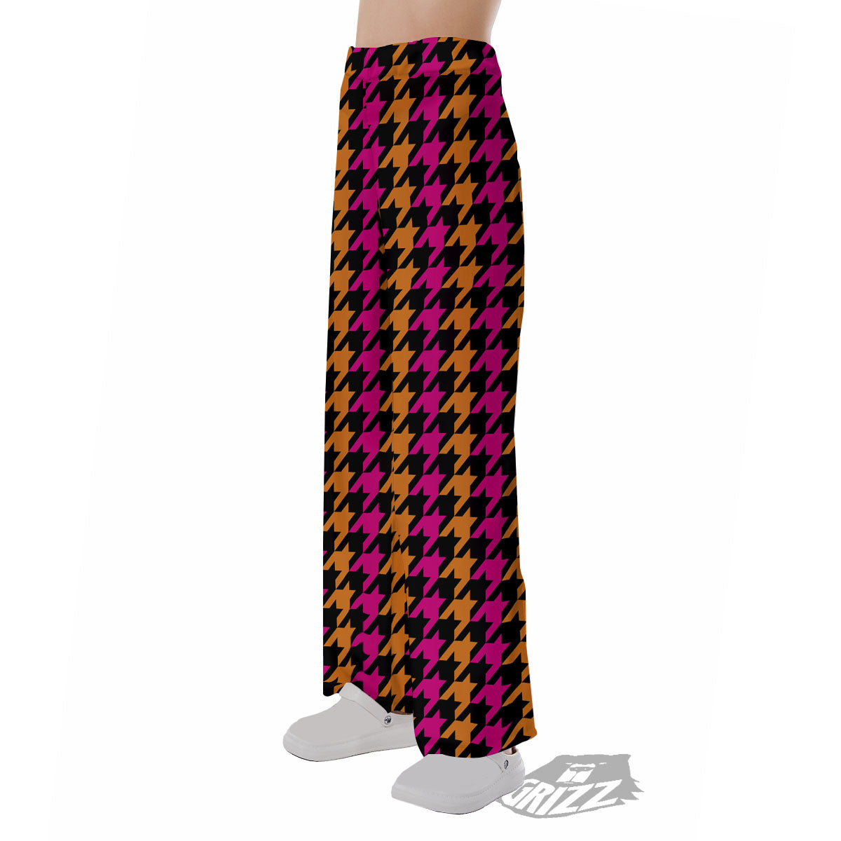 Pink Orange And Black Houndstooth Print Pajama Pants-grizzshop