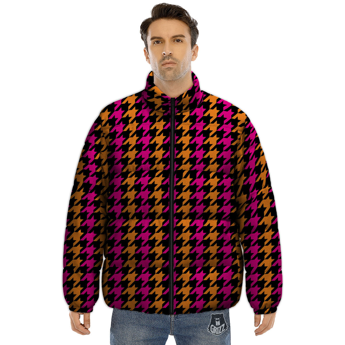 Pink Orange And Black Houndstooth Print Puffer Jacket-grizzshop