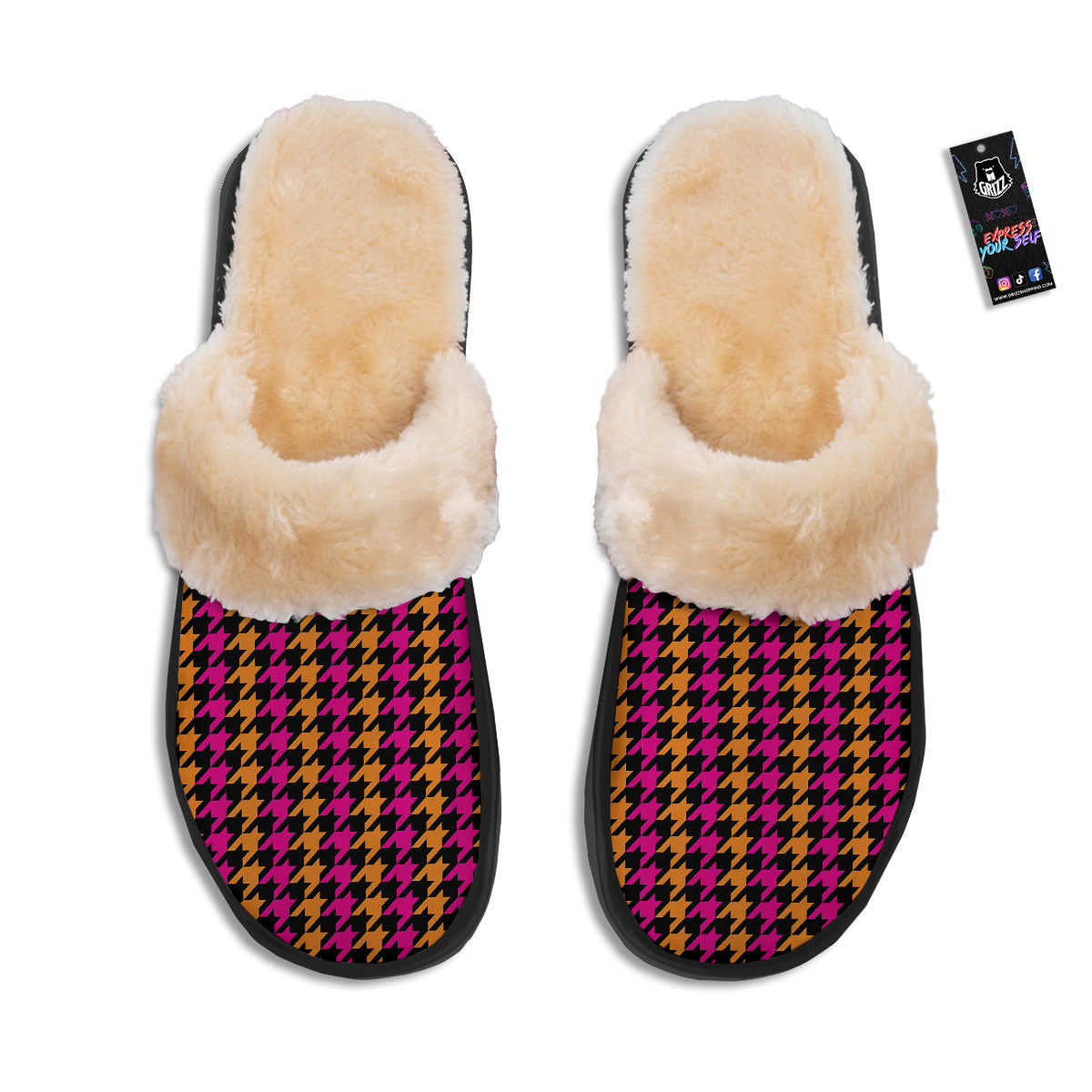 Pink Orange And Black Houndstooth Print Slippers-grizzshop