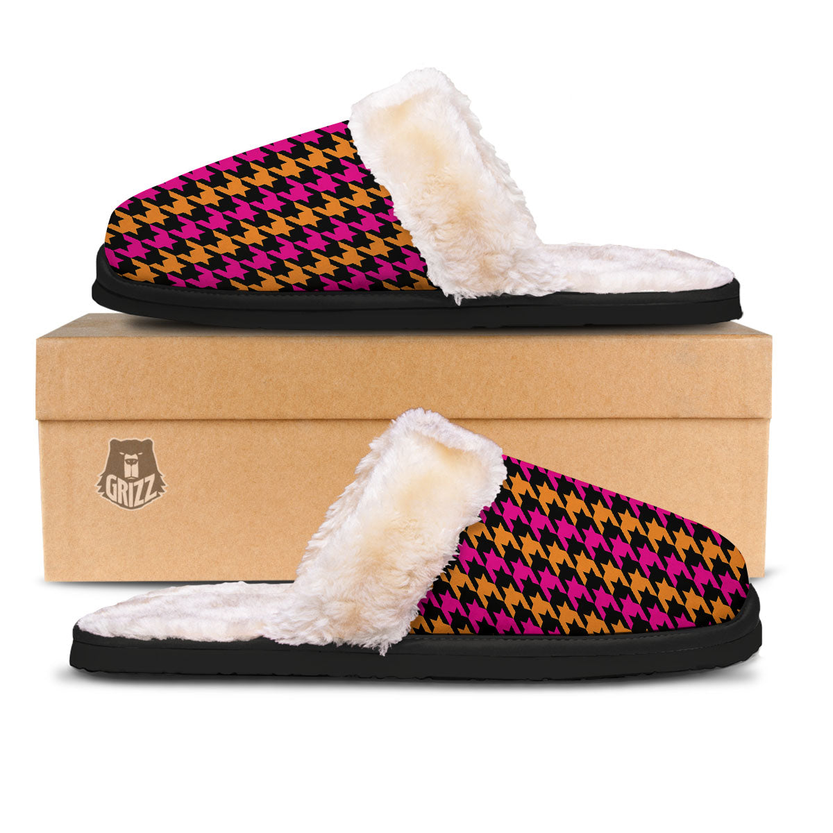 Pink Orange And Black Houndstooth Print Slippers-grizzshop