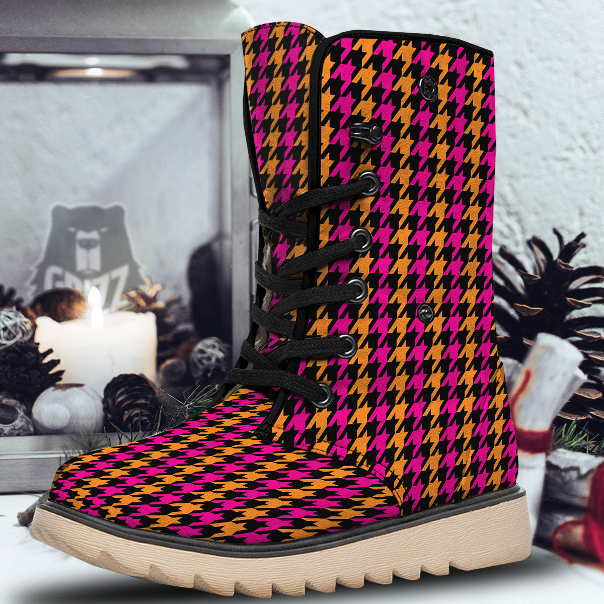 Pink Orange And Black Houndstooth Print Snow Boots-grizzshop