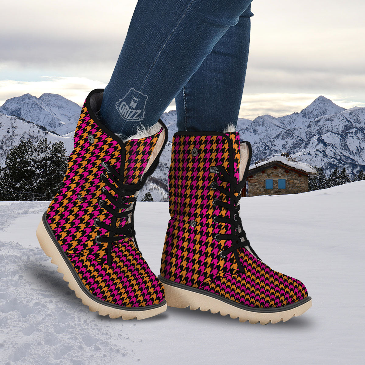 Pink Orange And Black Houndstooth Print Snow Boots-grizzshop