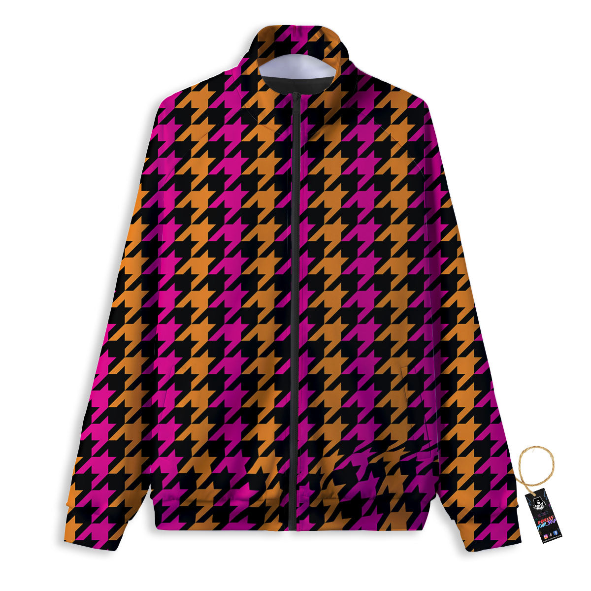 Pink Orange And Black Houndstooth Print Track Jacket-grizzshop
