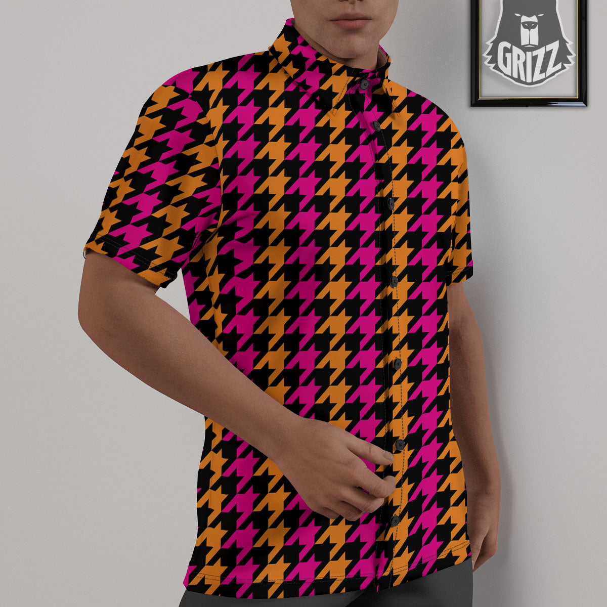 Pink Orange And Black Houndstooth Print Untucked Shirts-grizzshop