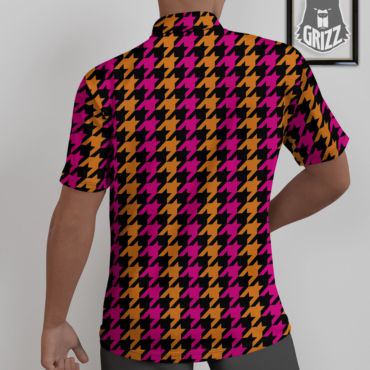 Pink Orange And Black Houndstooth Print Untucked Shirts-grizzshop