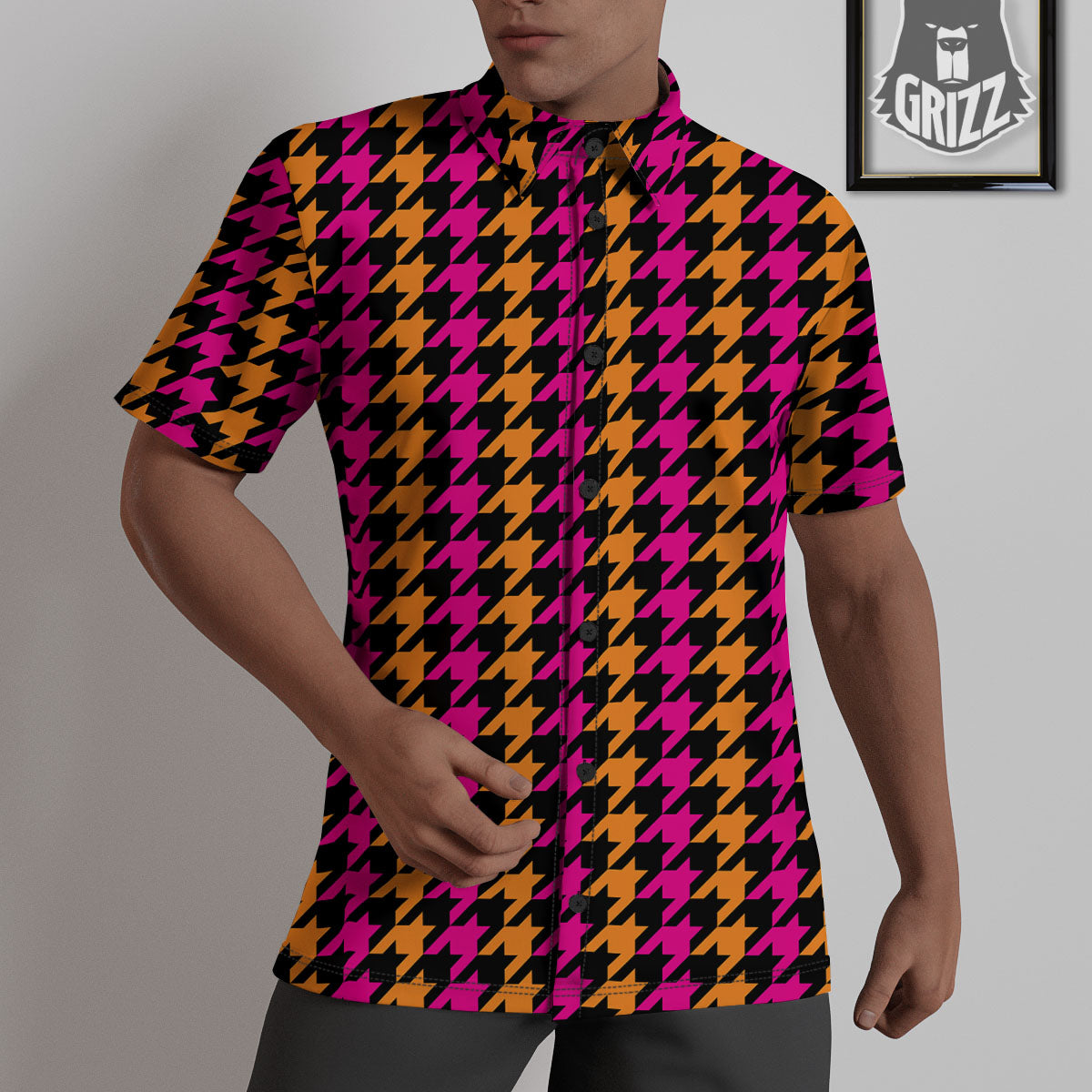 Pink Orange And Black Houndstooth Print Untucked Shirts-grizzshop