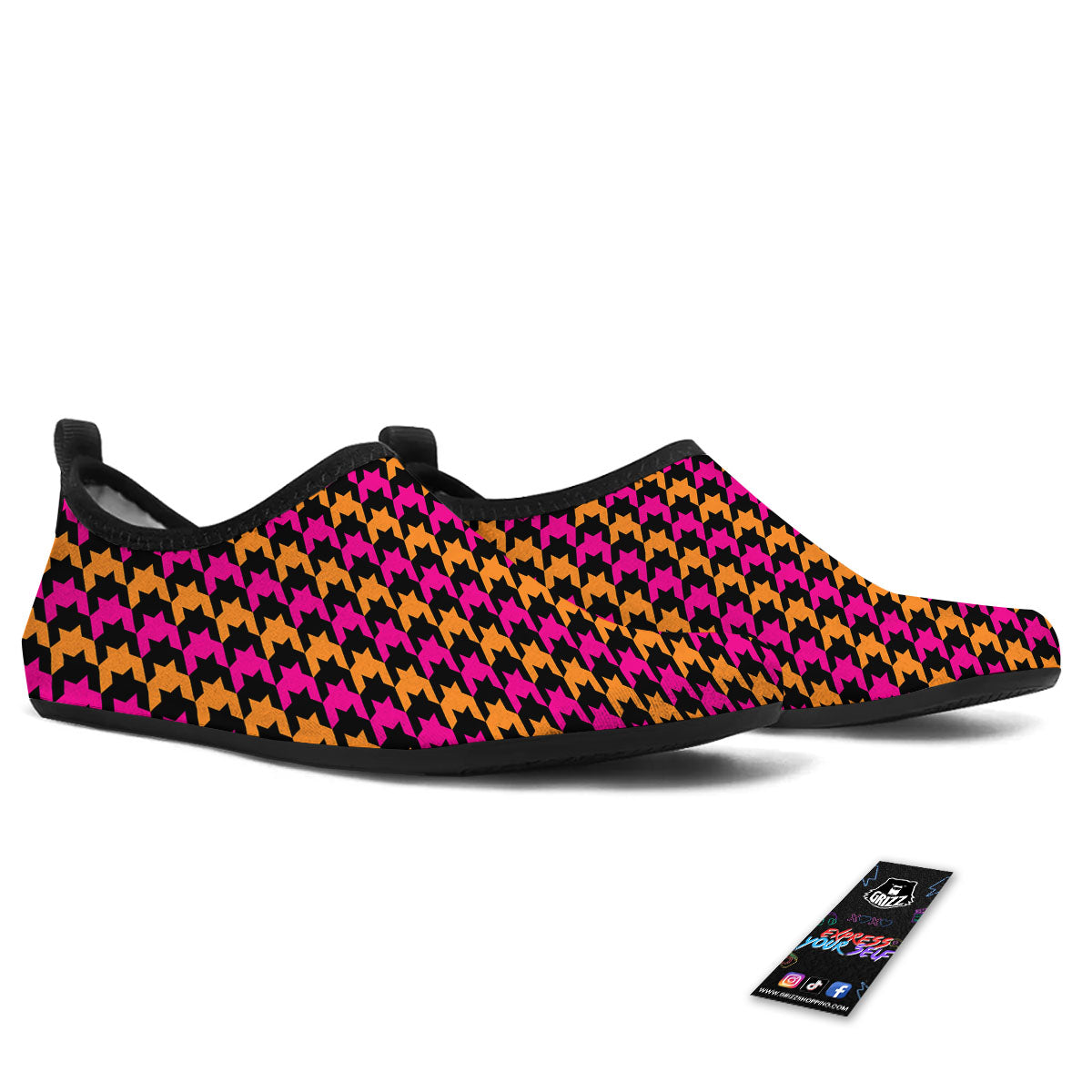 Pink Orange And Black Houndstooth Print Water Shoes-grizzshop