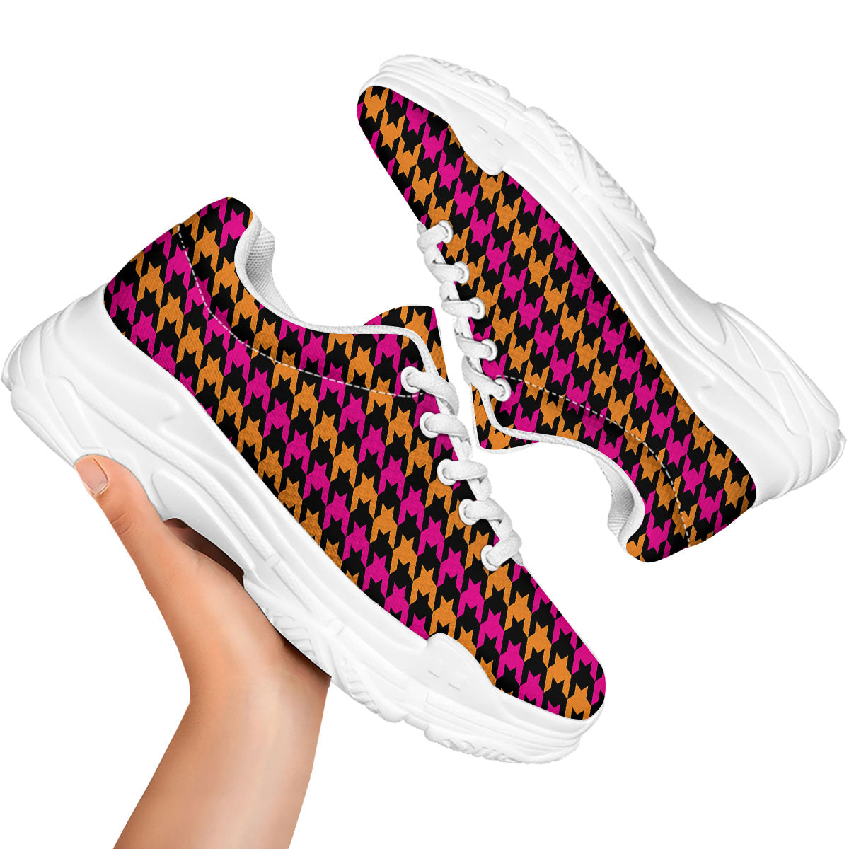 Pink Orange And Black Houndstooth Print White Chunky Shoes-grizzshop