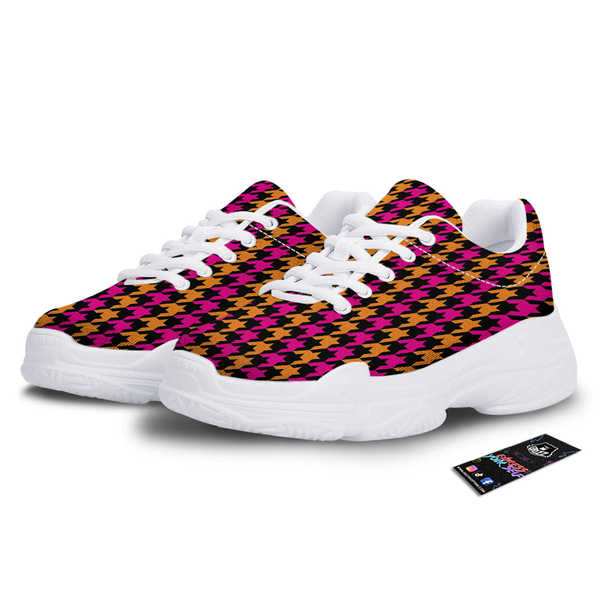 Pink Orange And Black Houndstooth Print White Chunky Shoes-grizzshop