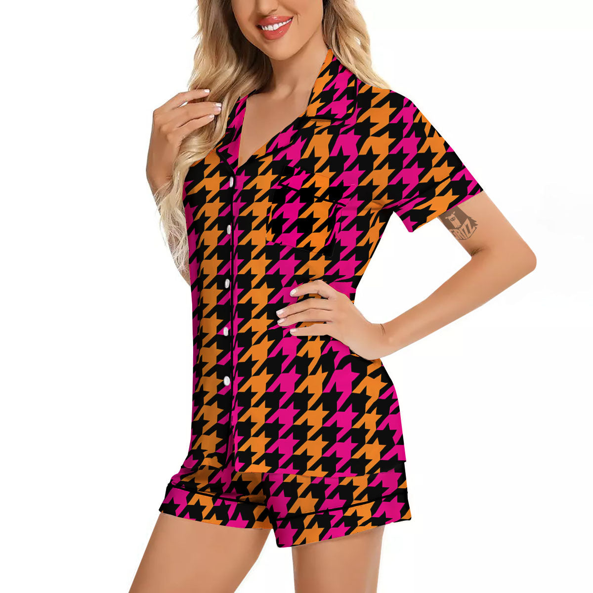 Pink Orange And Black Houndstooth Print Women Silk Pajamas-grizzshop