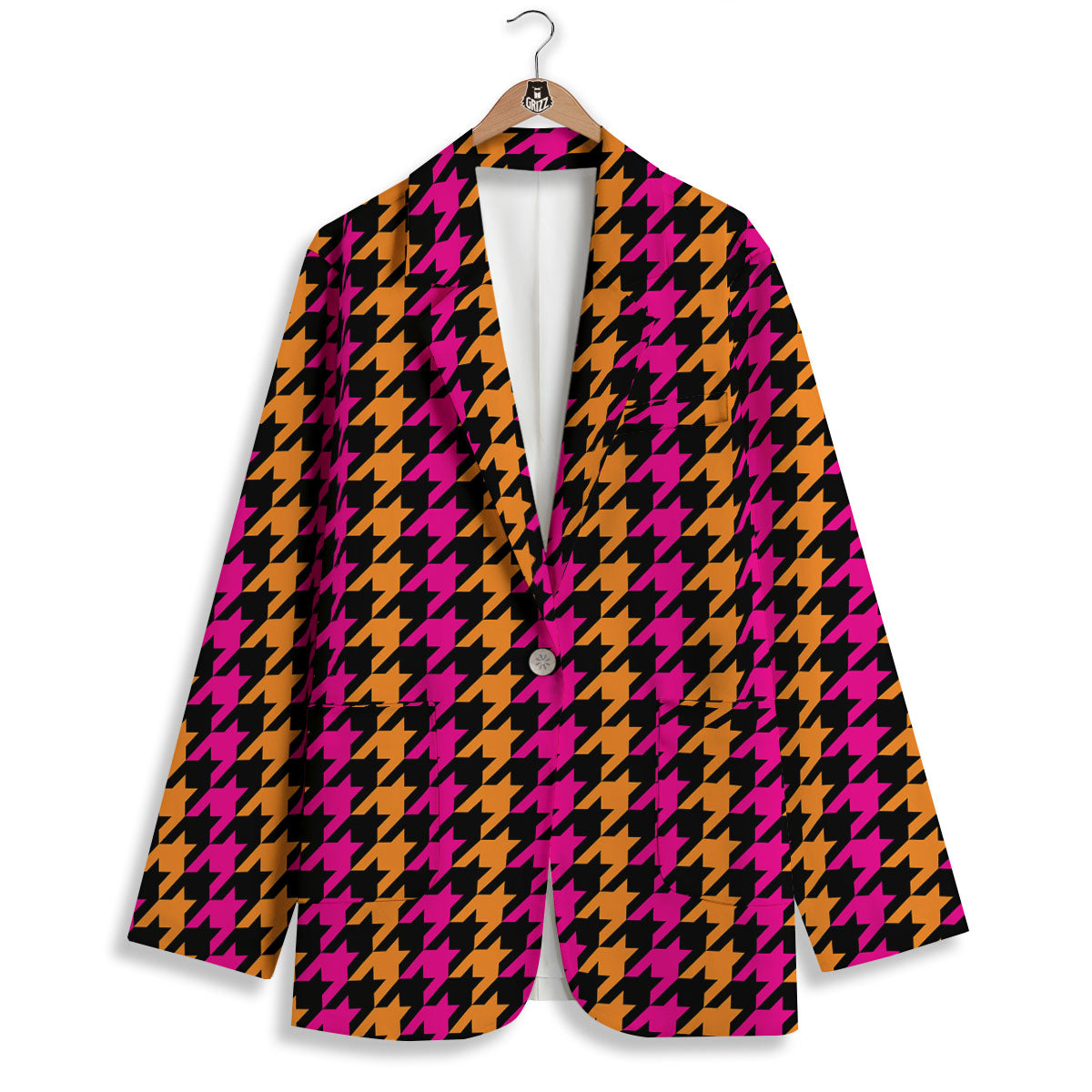Pink Orange And Black Houndstooth Print Women's Blazer-grizzshop