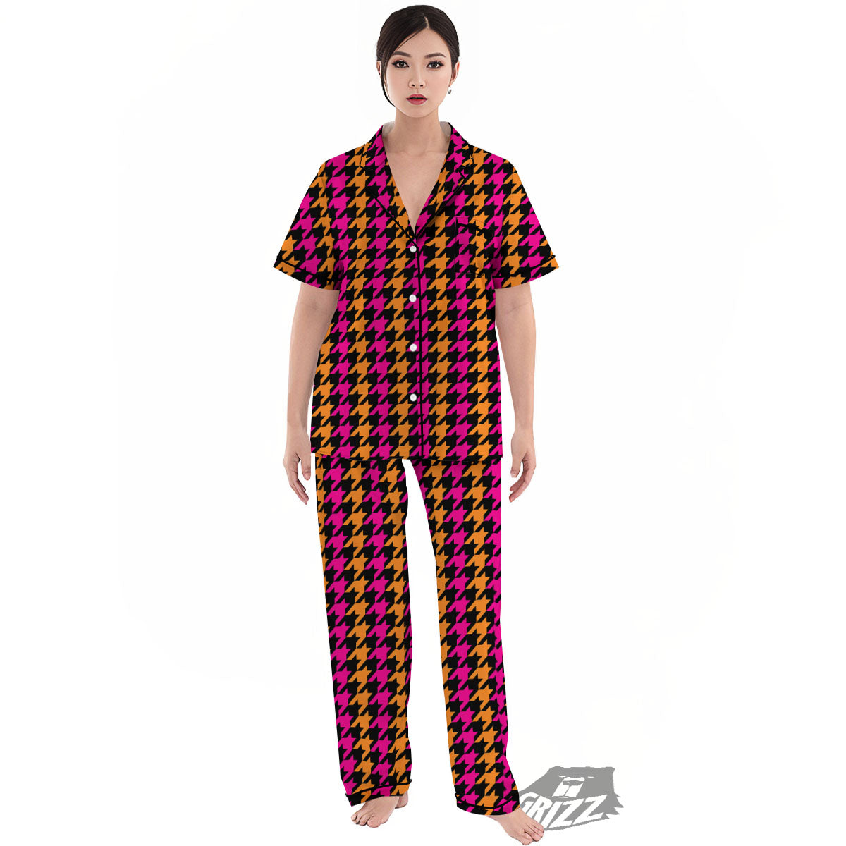 Pink Orange And Black Houndstooth Print Women's Pajamas Set-grizzshop