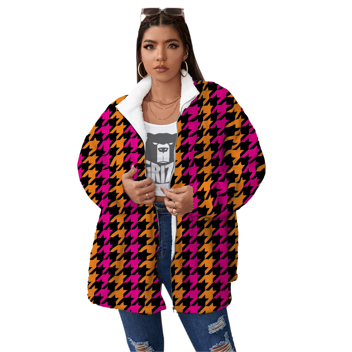 Pink Orange And Black Houndstooth Print Women's Sherpa Jacket-grizzshop