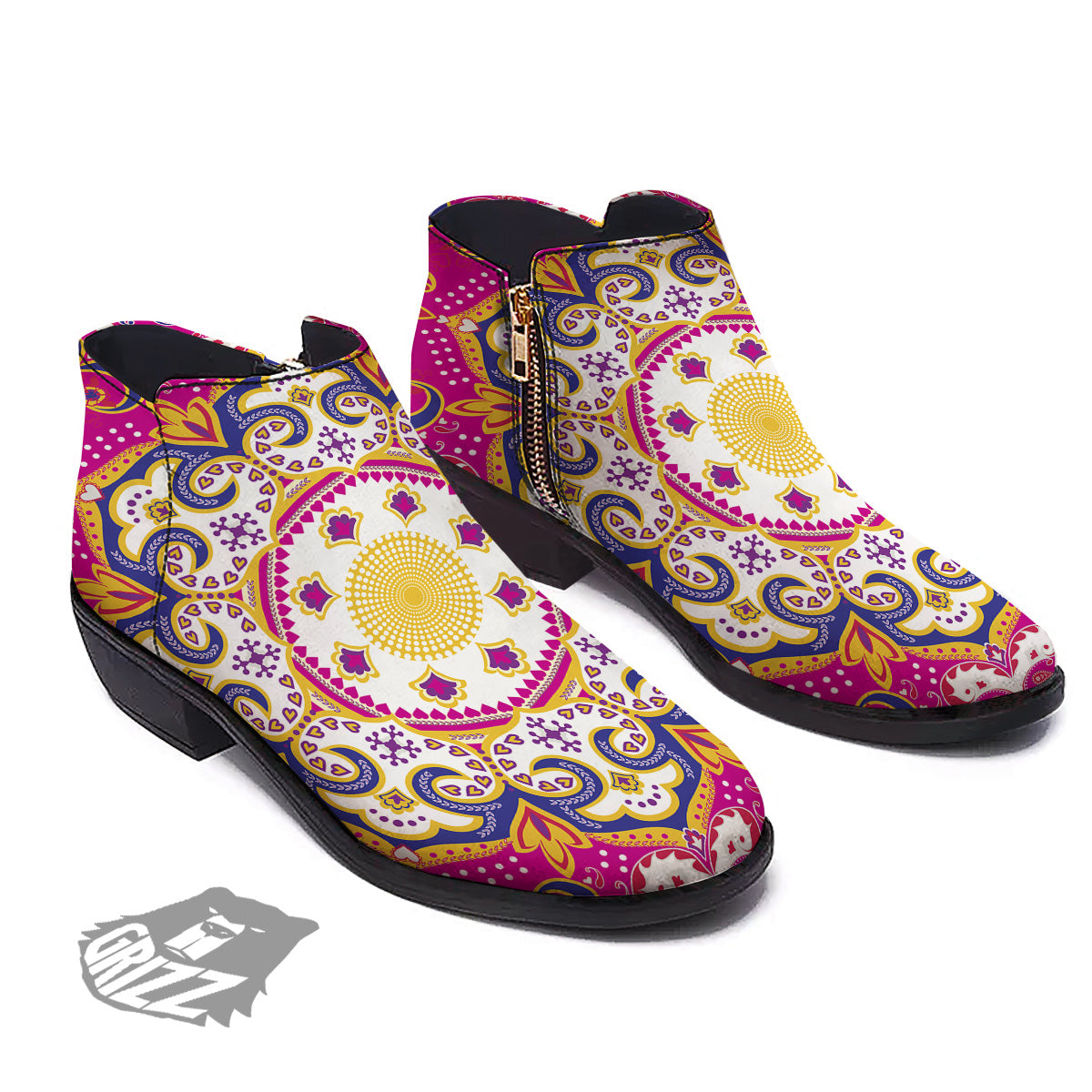 Pink Paisley And Mandala Print Ankle Boots-grizzshop