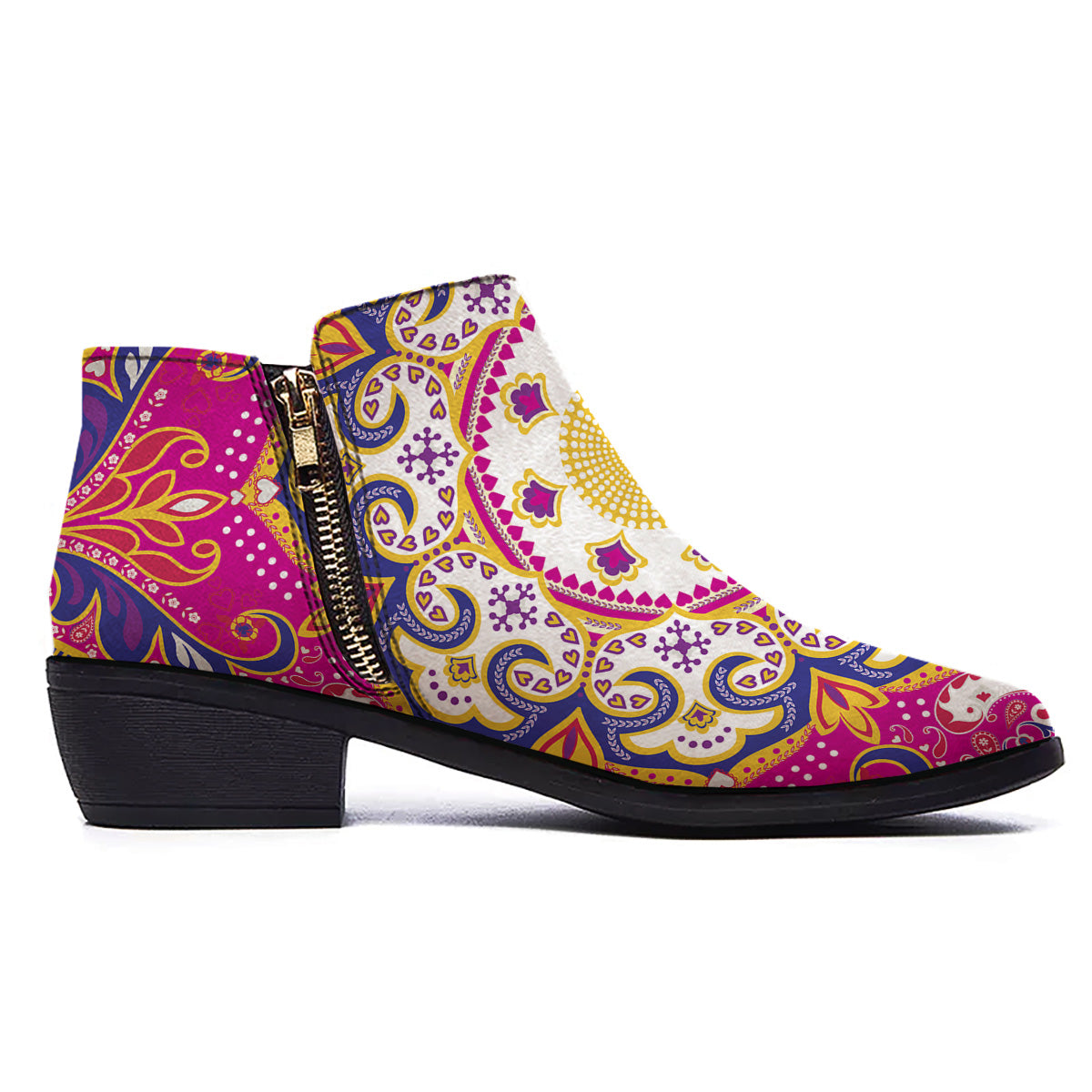 Pink Paisley And Mandala Print Ankle Boots-grizzshop