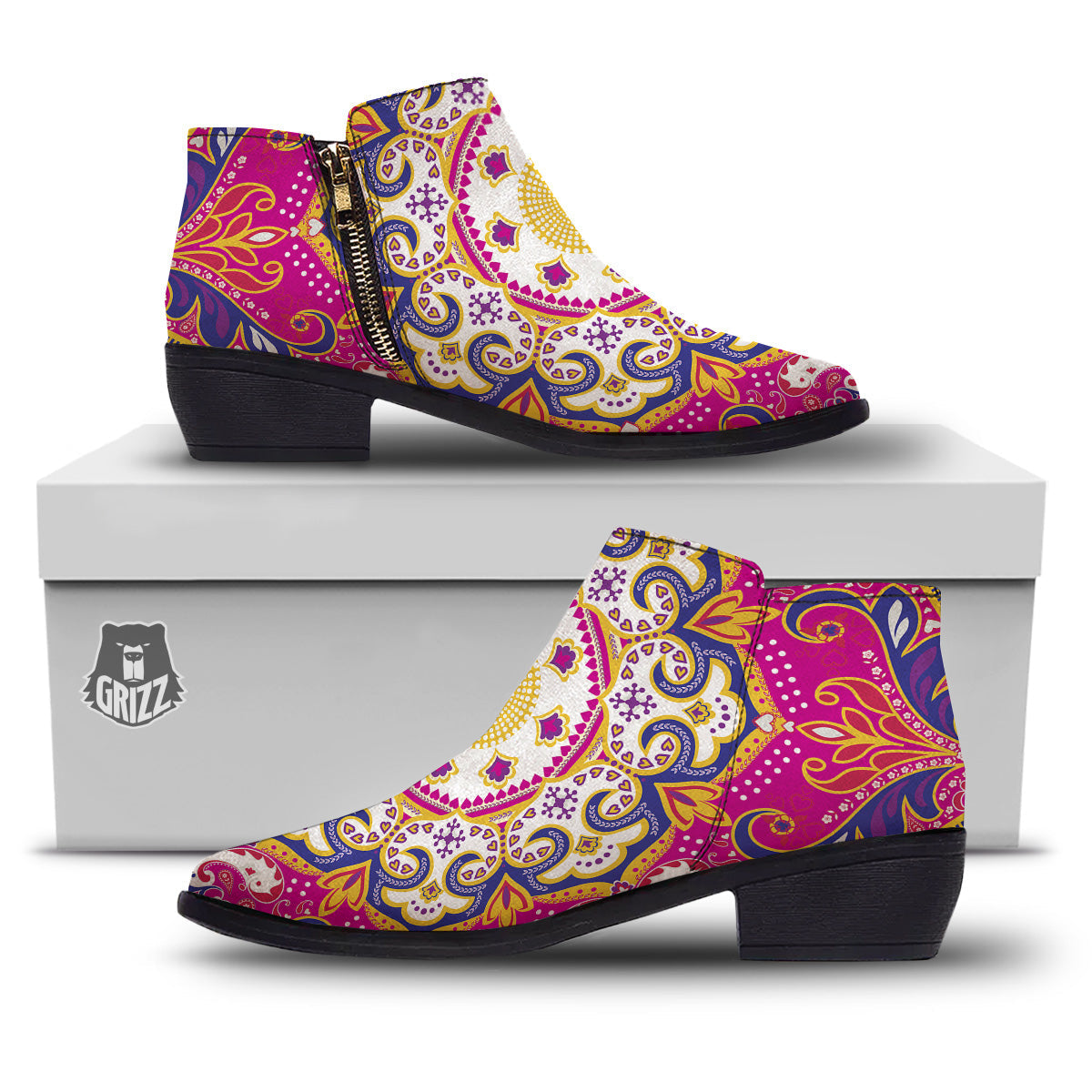 Pink Paisley And Mandala Print Ankle Boots-grizzshop