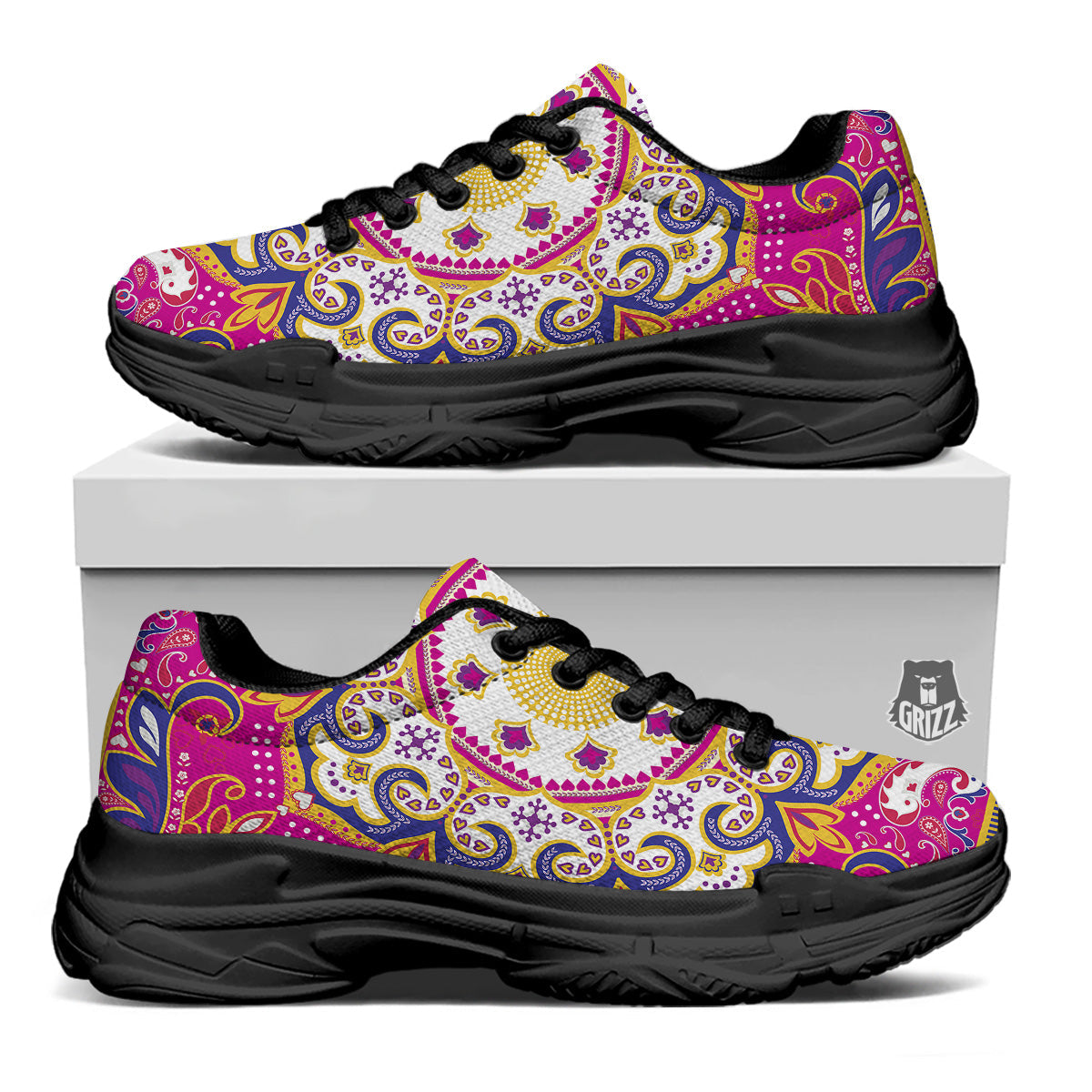 Pink Paisley And Mandala Print Black Chunky Shoes-grizzshop