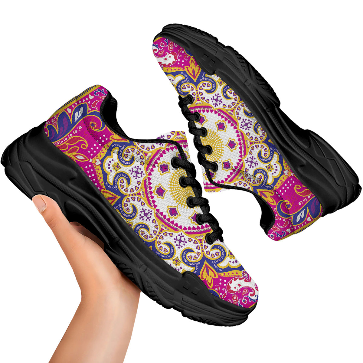 Pink Paisley And Mandala Print Black Chunky Shoes-grizzshop