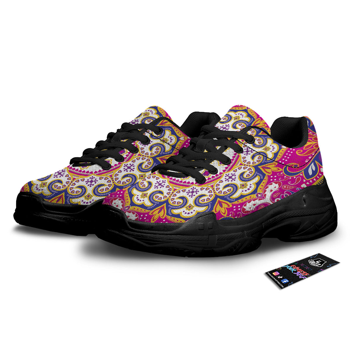 Pink Paisley And Mandala Print Black Chunky Shoes-grizzshop