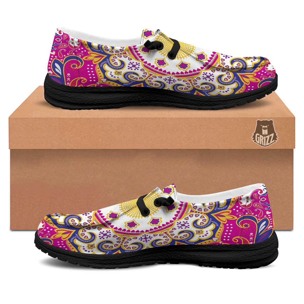 Pink Paisley And Mandala Print Black Loafers-grizzshop