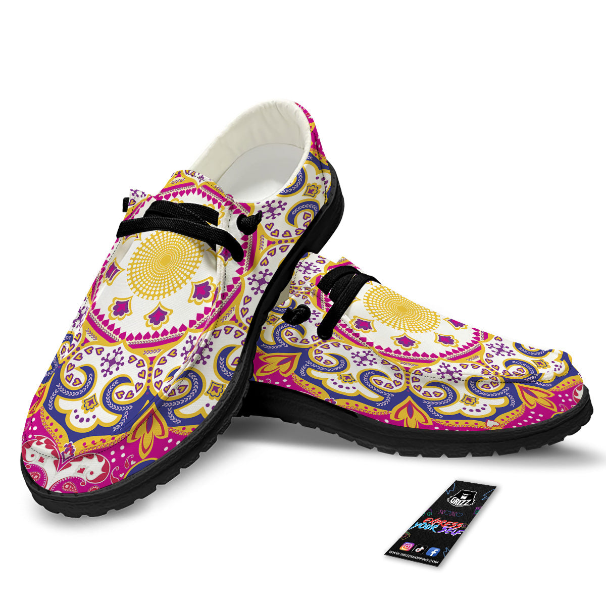 Pink Paisley And Mandala Print Black Loafers-grizzshop