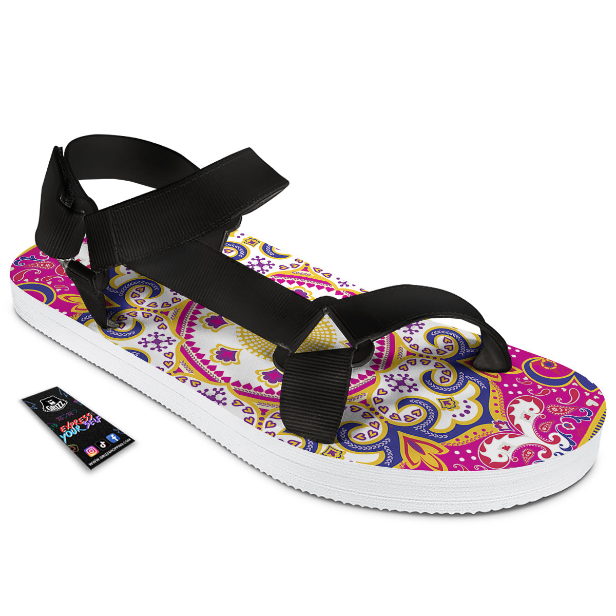 Pink Paisley And Mandala Print Black Open Toe Sandals-grizzshop