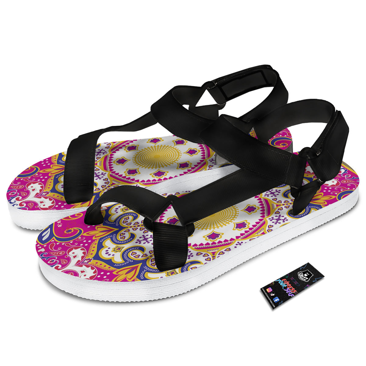 Pink Paisley And Mandala Print Black Open Toe Sandals-grizzshop