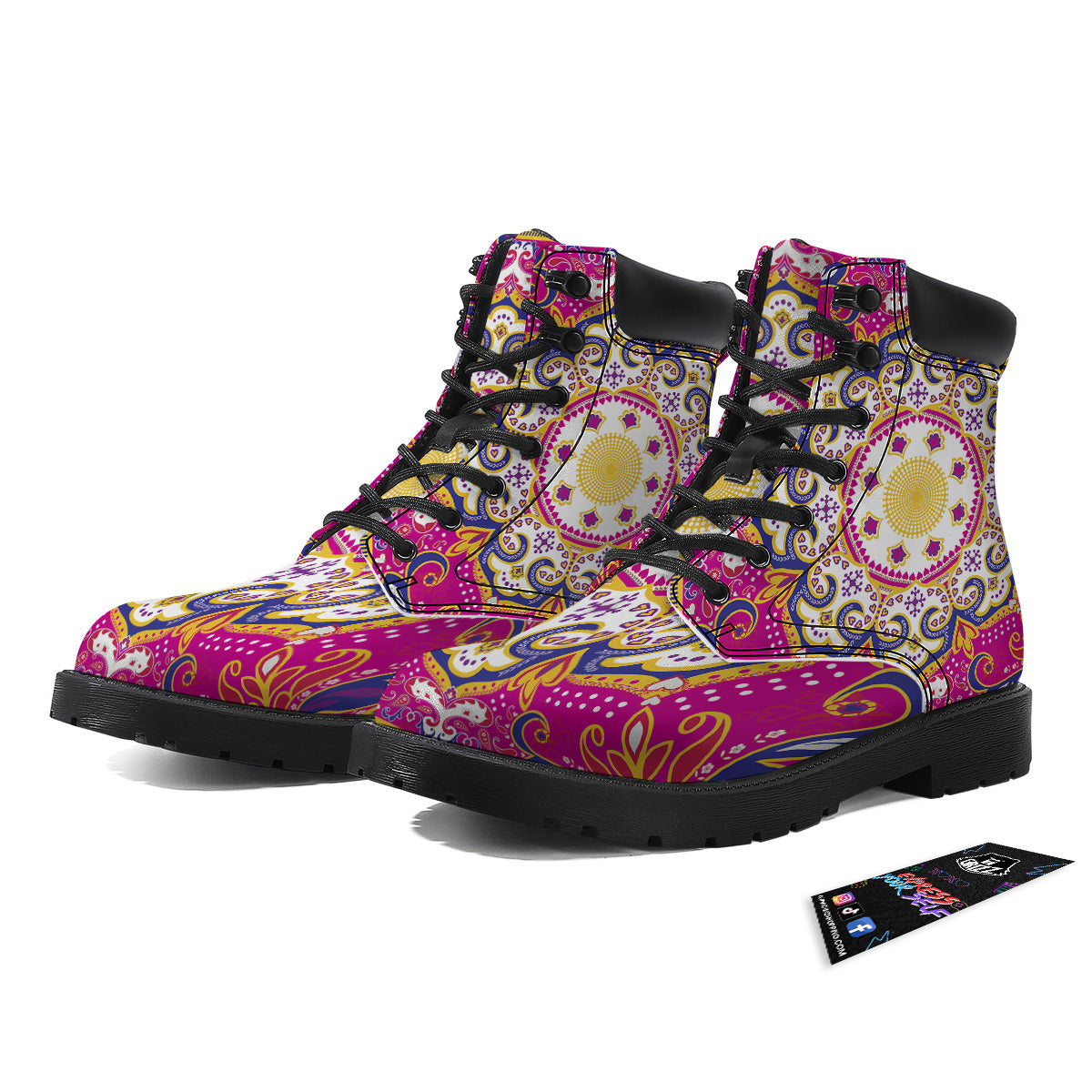 Pink Paisley And Mandala Print Boots-grizzshop