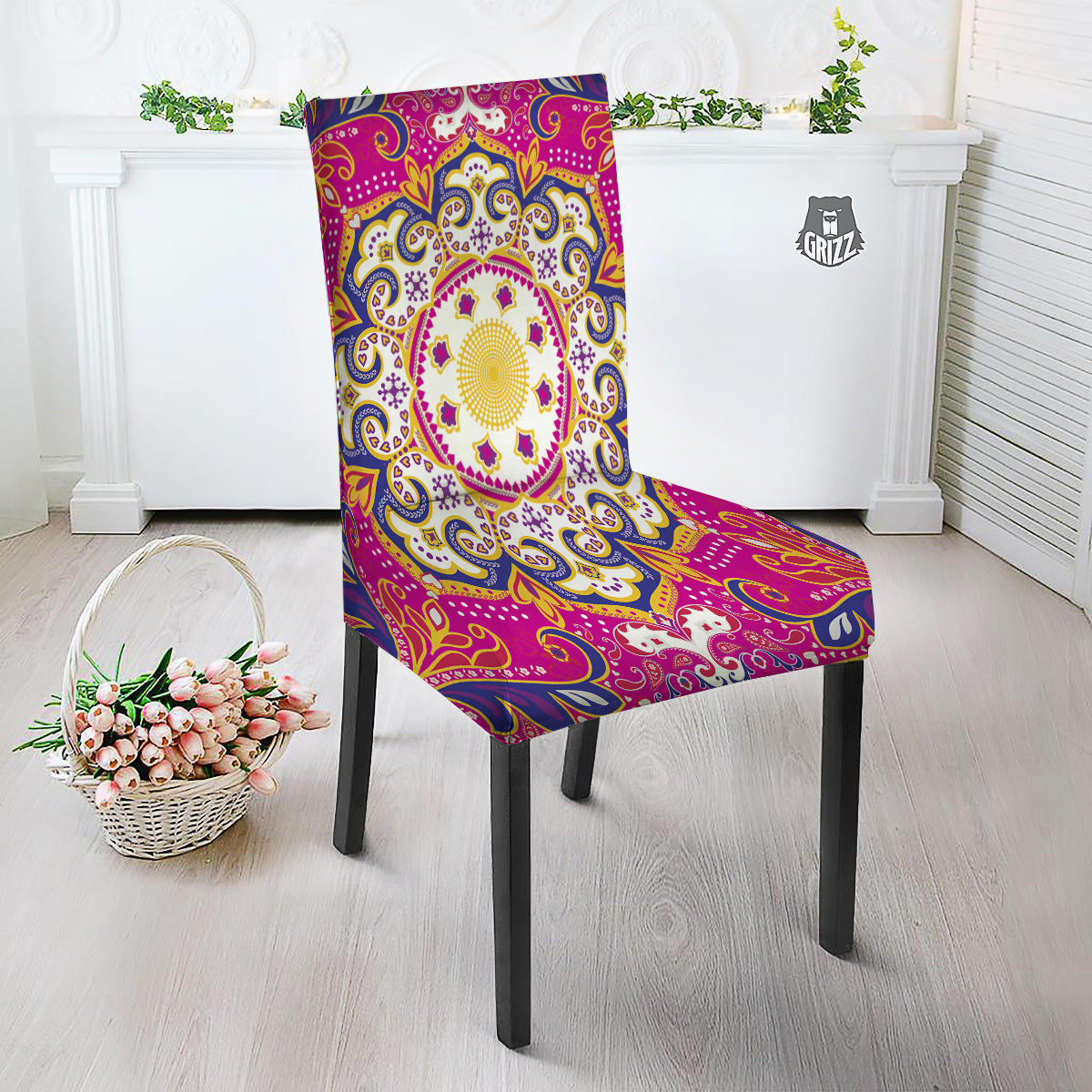 Pink Paisley And Mandala Print Dining Chair Slipcover-grizzshop