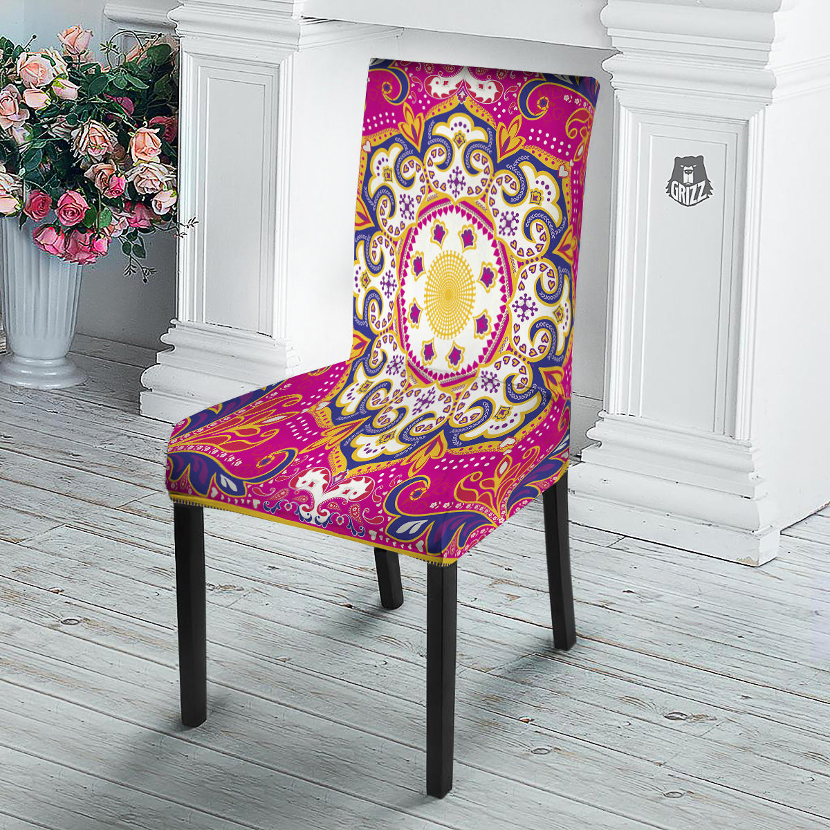 Pink Paisley And Mandala Print Dining Chair Slipcover-grizzshop