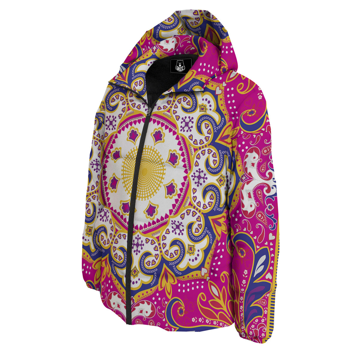 Pink Paisley And Mandala Print Down Jacket-grizzshop