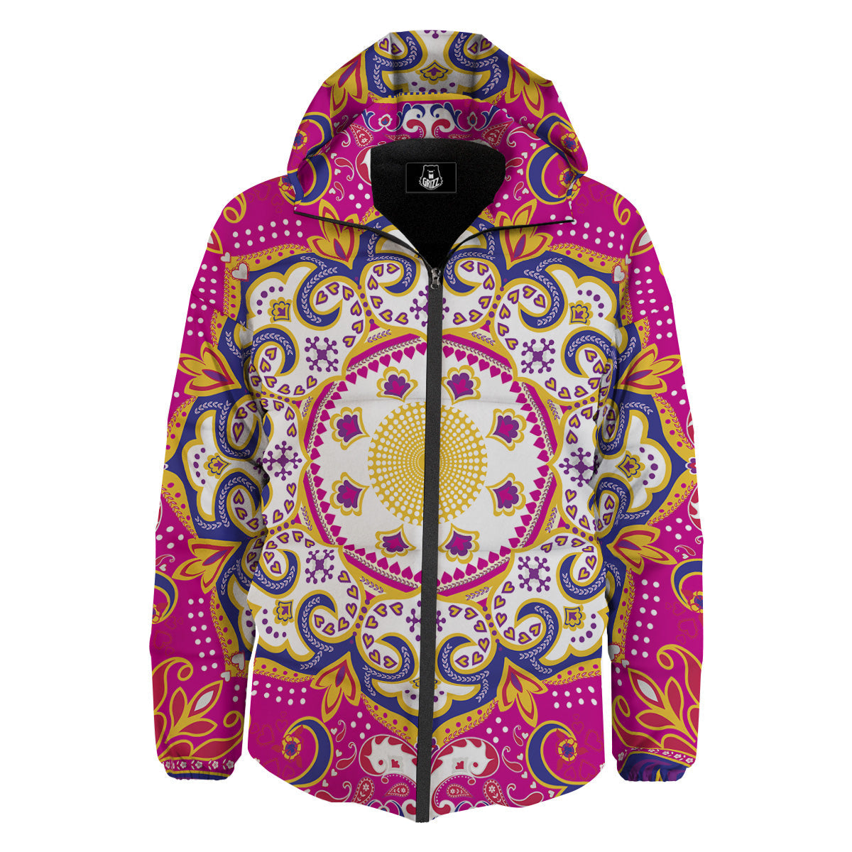 Pink Paisley And Mandala Print Down Jacket-grizzshop