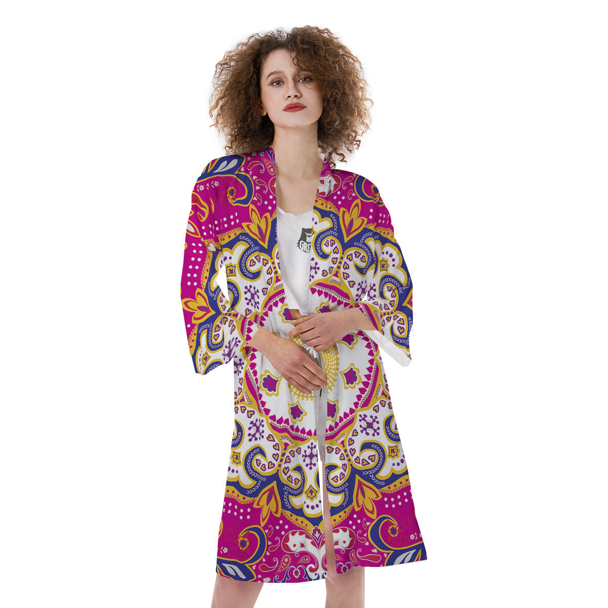Pink Paisley And Mandala Print Kimono-grizzshop