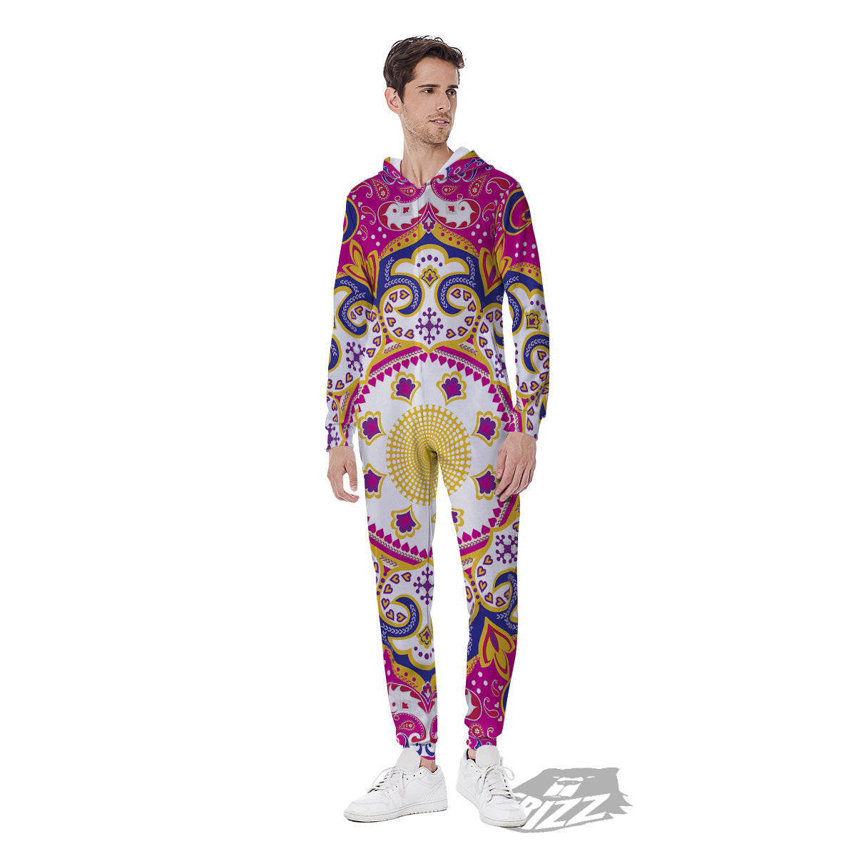 Pink Paisley And Mandala Print Men's Jumpsuit-grizzshop