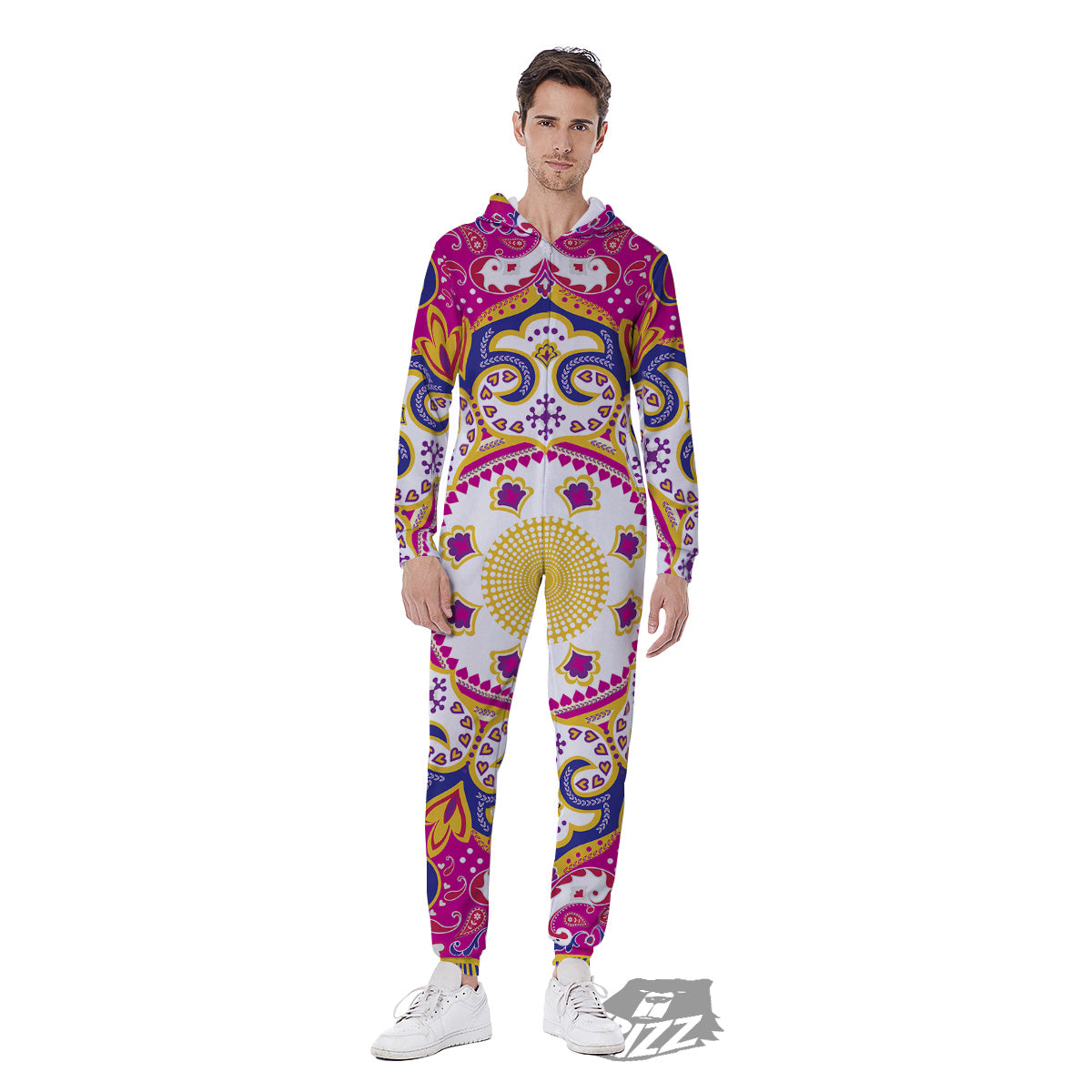 Pink Paisley And Mandala Print Men's Jumpsuit-grizzshop