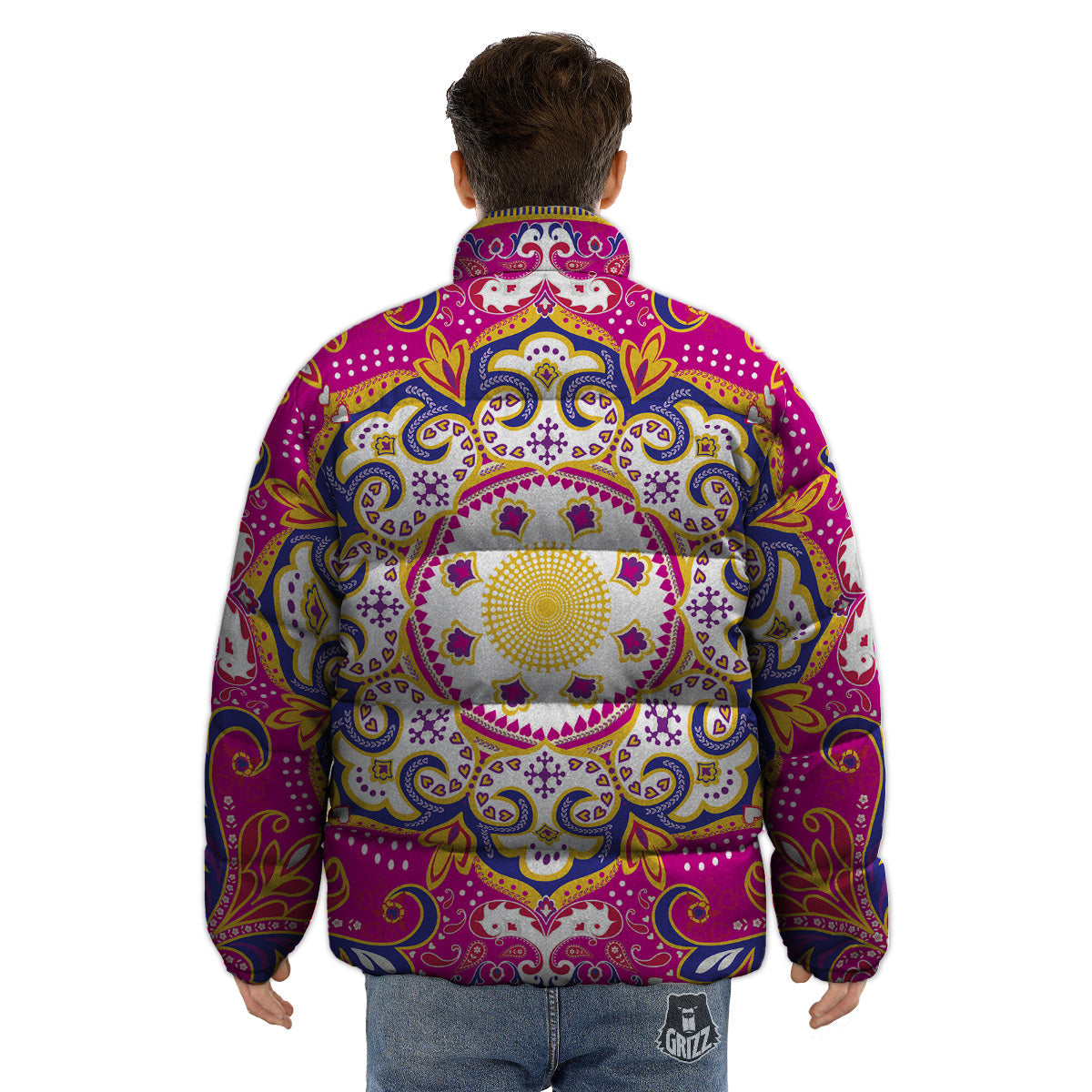 Pink Paisley And Mandala Print Puffer Jacket-grizzshop