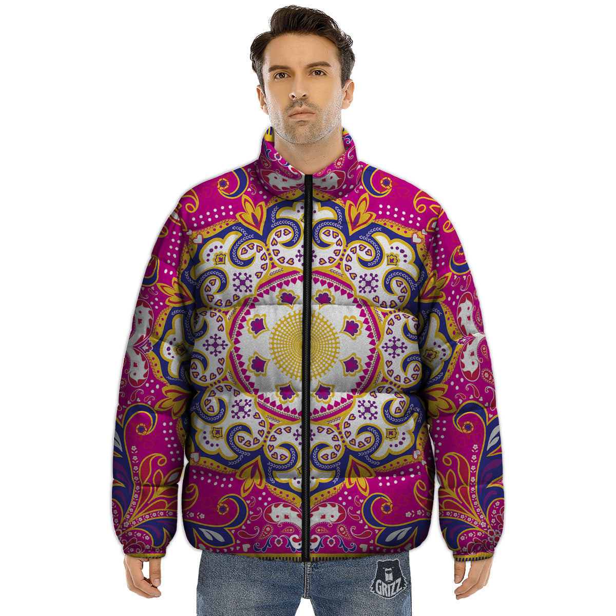 Pink Paisley And Mandala Print Puffer Jacket-grizzshop