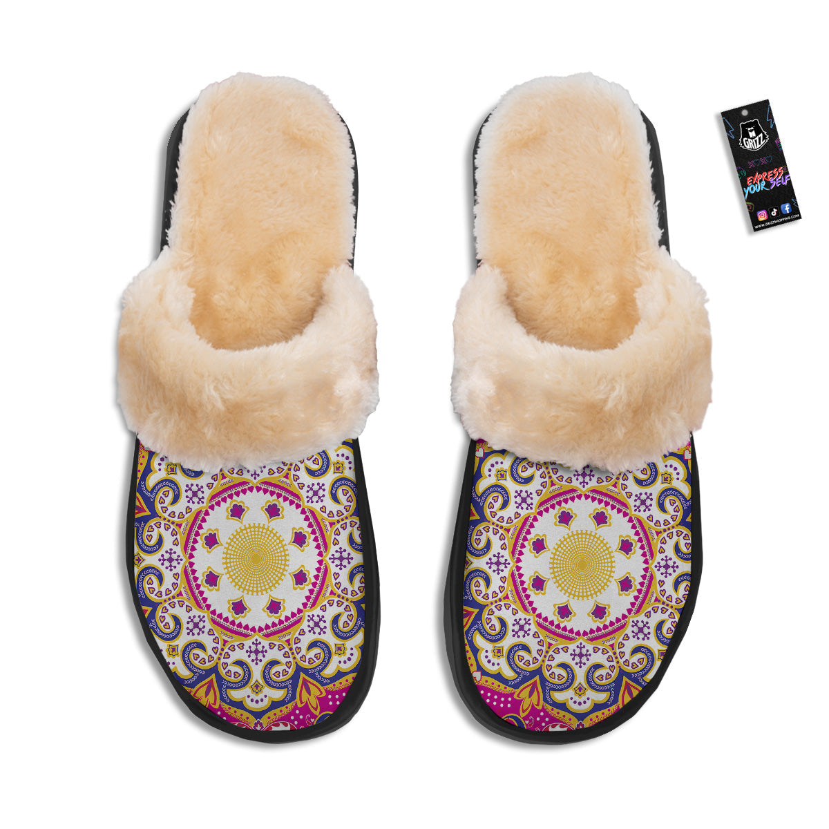 Pink Paisley And Mandala Print Slippers-grizzshop