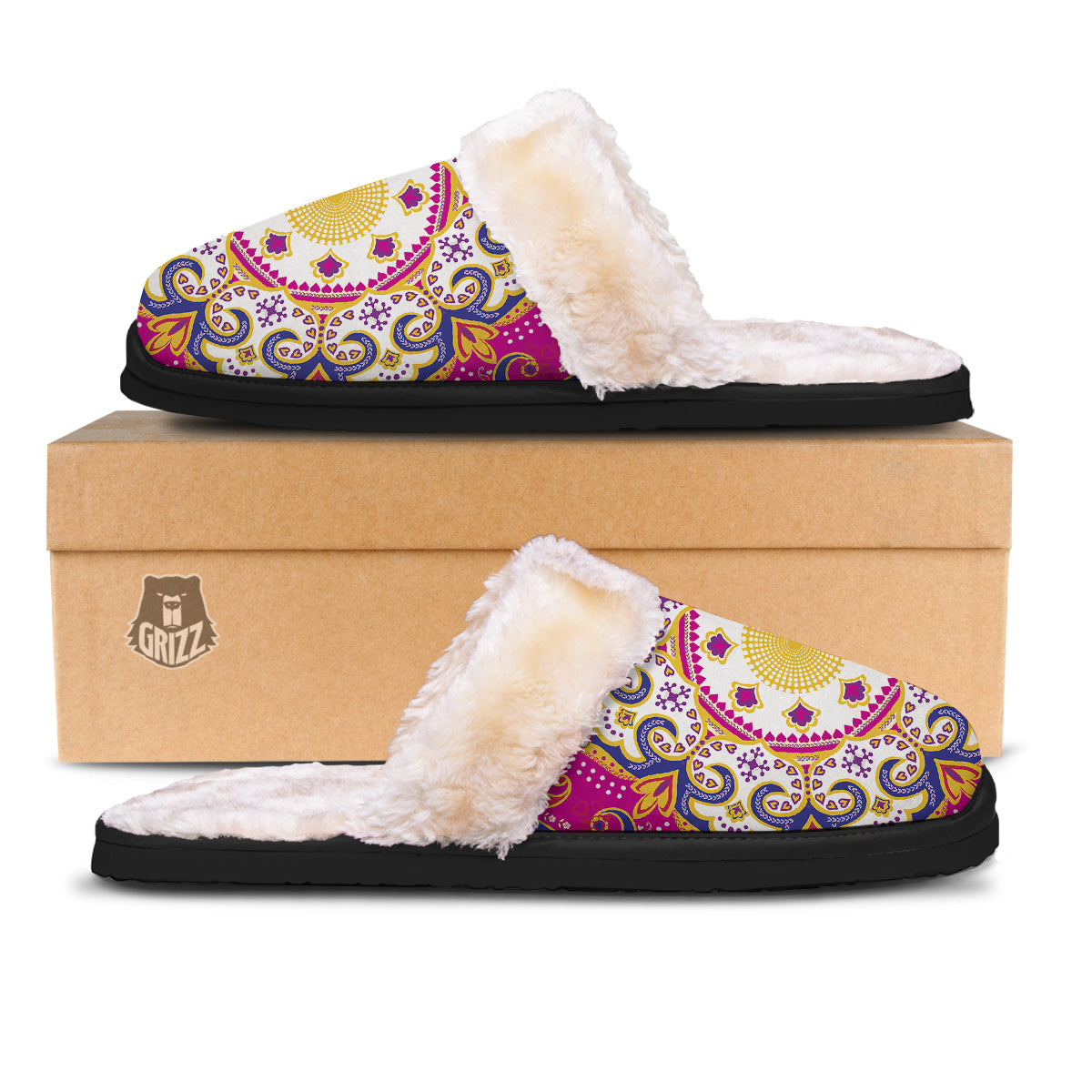 Pink Paisley And Mandala Print Slippers-grizzshop