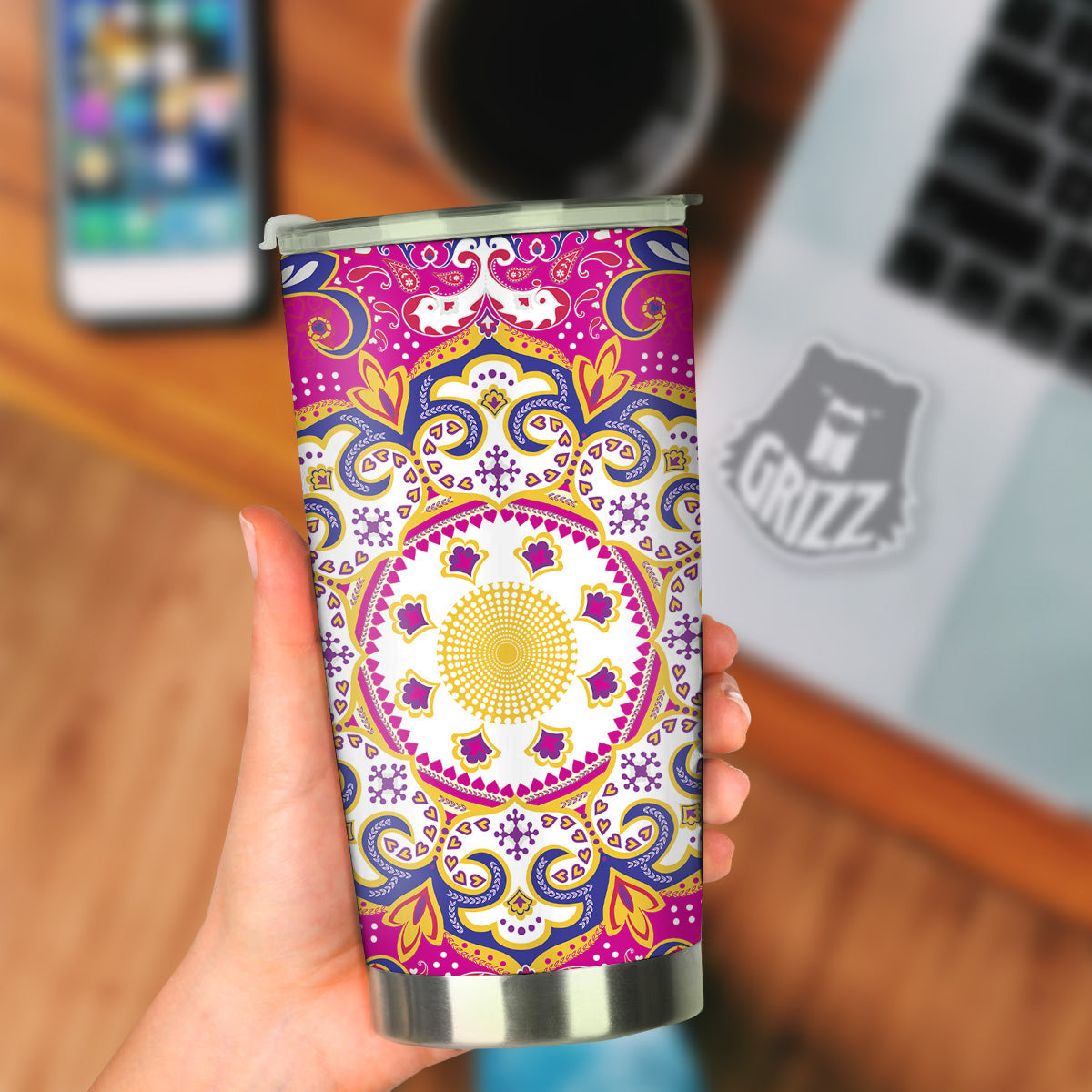 Pink Paisley And Mandala Print Tumbler-grizzshop