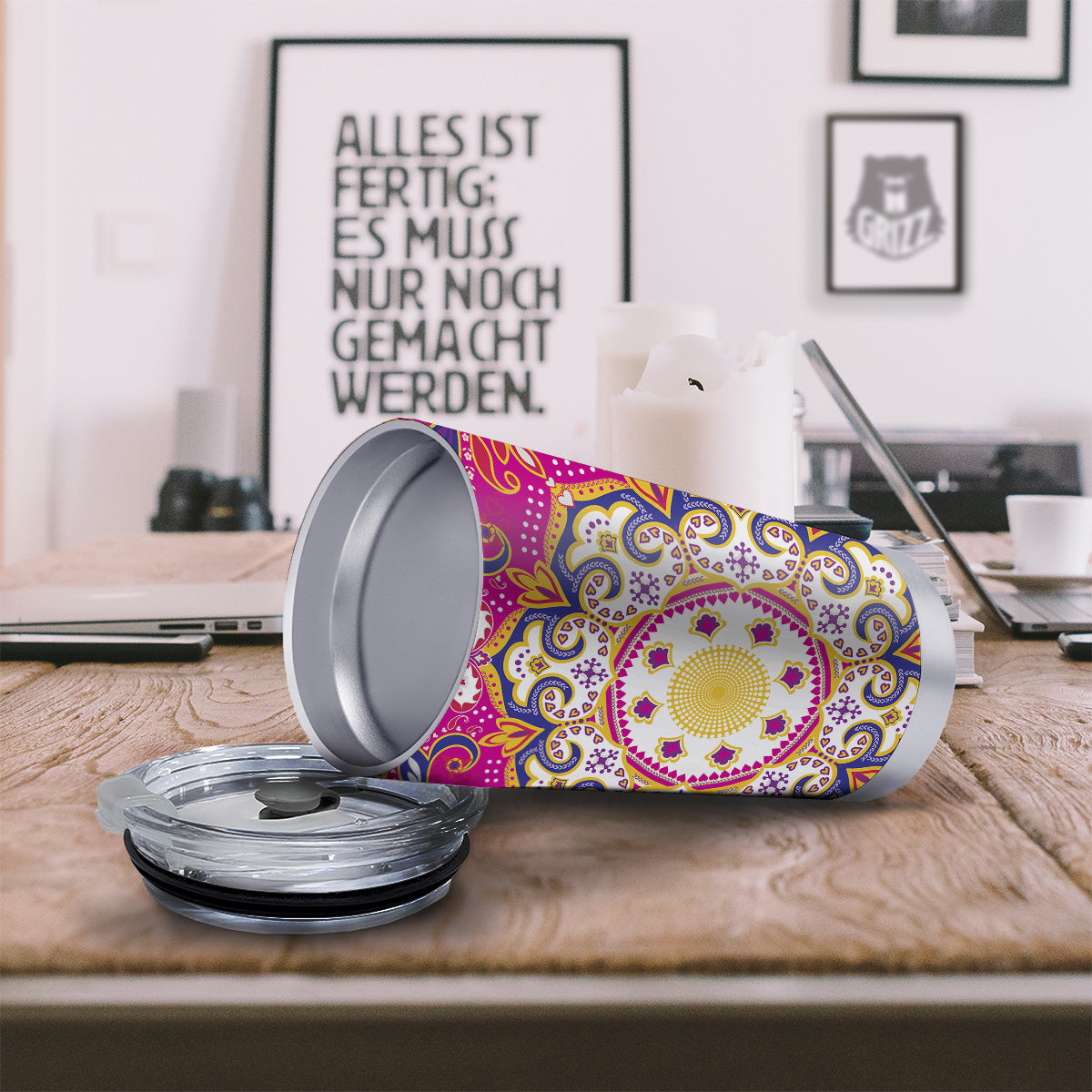 Pink Paisley And Mandala Print Tumbler-grizzshop