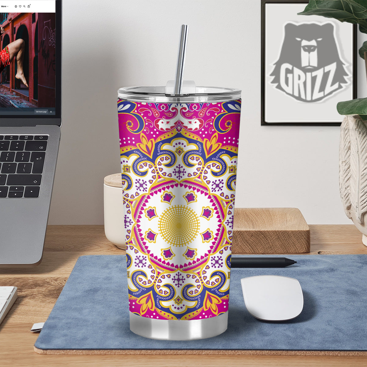 Pink Paisley And Mandala Print Tumbler-grizzshop