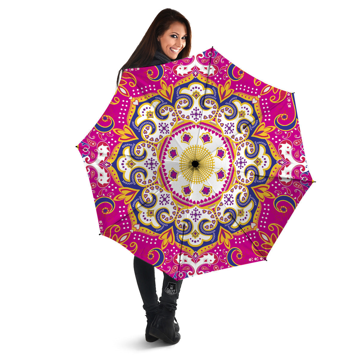 Pink Paisley And Mandala Print Umbrella-grizzshop