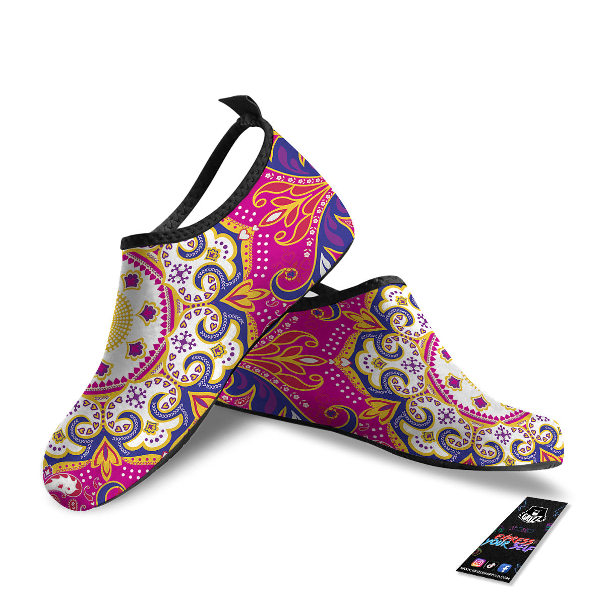 Pink Paisley And Mandala Print Water Shoes-grizzshop