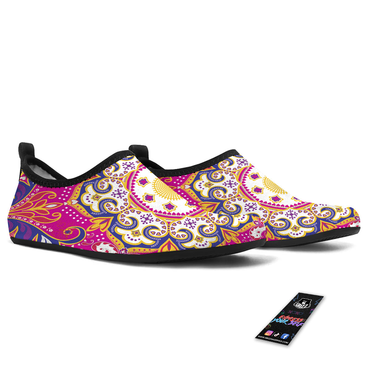 Pink Paisley And Mandala Print Water Shoes-grizzshop